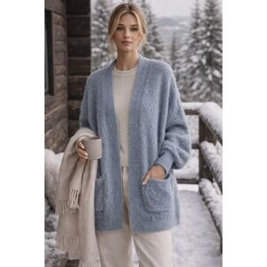 PINCH Dusty Slate Blue Fuzzy‎ Oversized Cardigan Cozy Quiet Luxury M